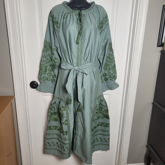Julia Amory Dress Womens 2XL Green Coatue Caftan Embroidered Boho Maxi Belted - Picture 1 of 13